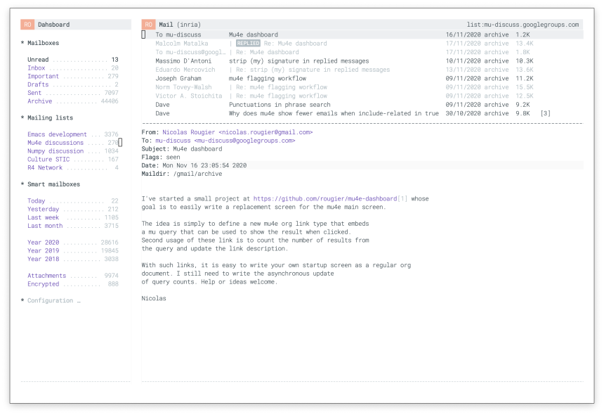 Mu4e configuration by @rougier